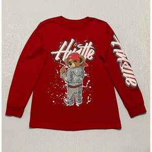 Hustle Long Sleeve T Shirt Graphic Teddy Bear Youth Size L Red